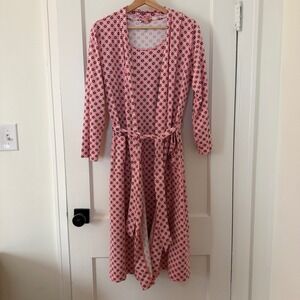 Lands End Womens Pink Geometric Floral Cotton Nightgown and Robe Set Large 14-16